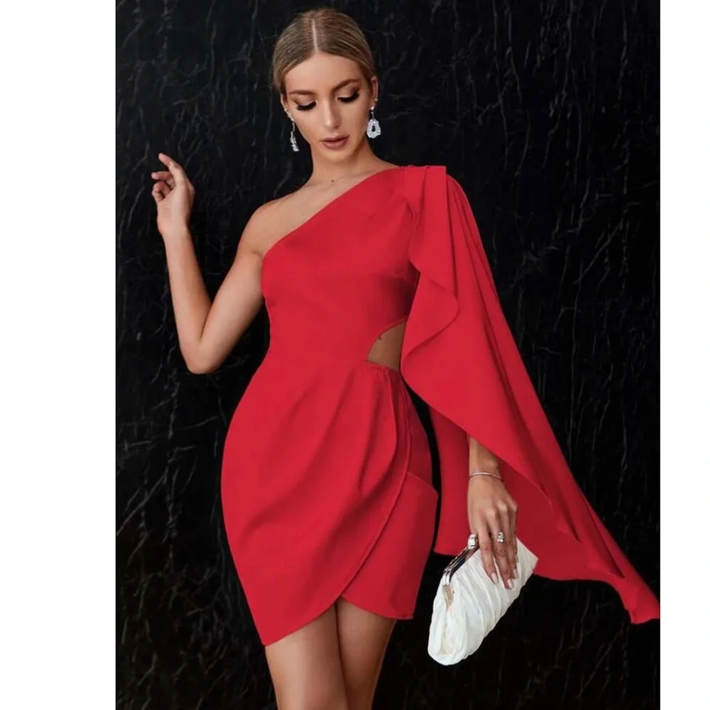 Rebellious Rose One-Shoulder Red Mini Dress - Picture 3 of 4